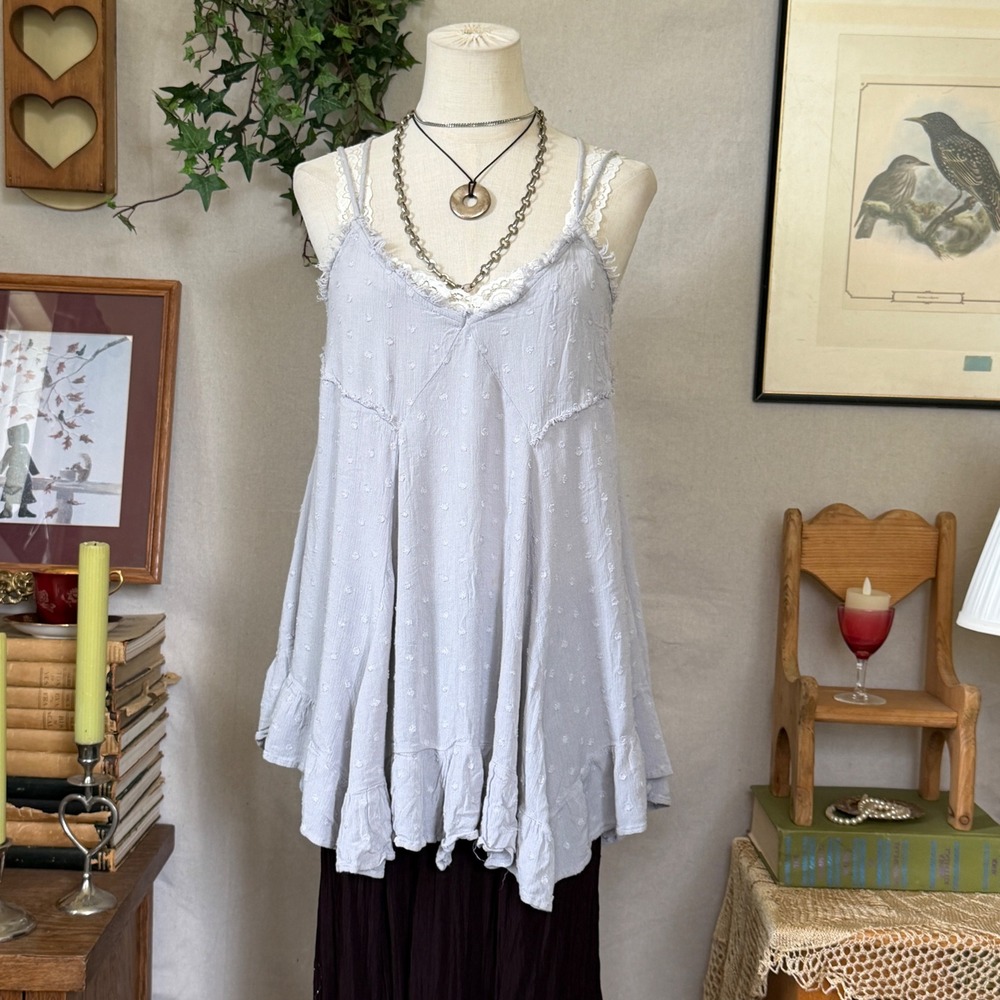 Grey Swiss Dot Ruffle Cami Tank Top Boho Cottagecore Y2K M Girly Grunge Feminine